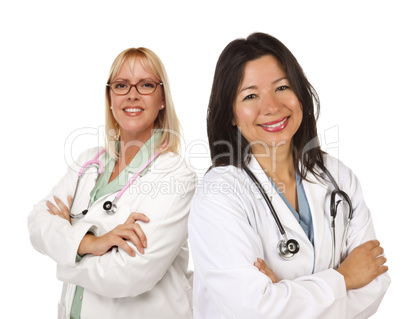 Two Female Doctors or Nurses on White