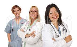 Three Female Doctors or Nurses on White