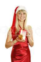Young woman dressed as Santa with a gift.