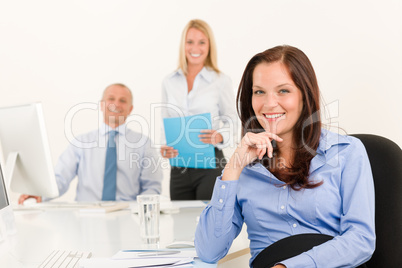 Businesswoman pretty smile sit in office colleague