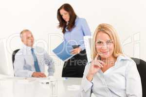 Businesswoman pretty smile sit in office colleague