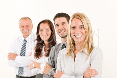 Business team happy standing in line portrait