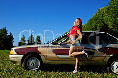 young sexy woman pinup style and retro car