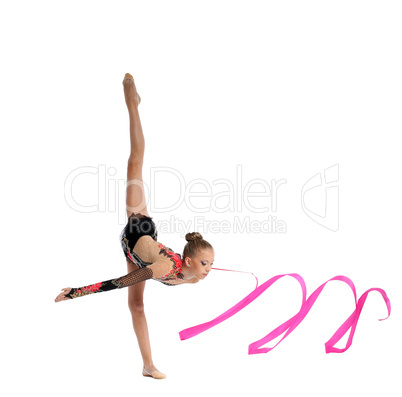 teenager doing gymnastics split with ribbon
