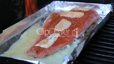 Grilling Fresh Salmon On BBQ