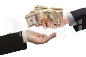 Handing Over Cash to Other Hand on White