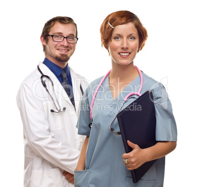 Two Doctors or Nurses on a White Background