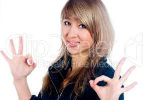 Girl showing thumb up gesture
