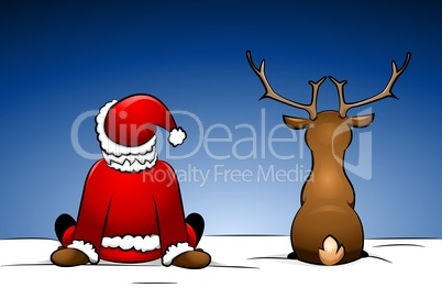 Santa und Rudolph im Schnee sitzend