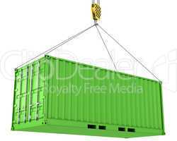 Green freight container hoisted