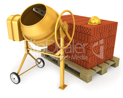 Clean new yellow concrete mixer with helmet and stack of bricks