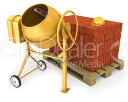 Clean new yellow concrete mixer with helmet and stack of bricks