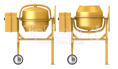 Clean new yellow concrete mixer with raised and lowered drum