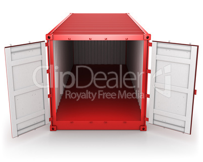 Opened red freight container isolated, front view