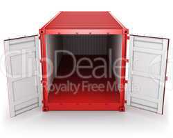 Opened red freight container isolated, front view