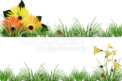 headers with flowers, grass and ladybugs