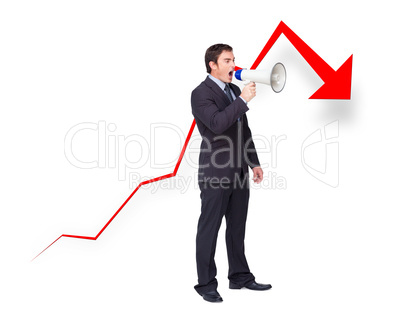 Unsuccessful young businessman using a megaphone