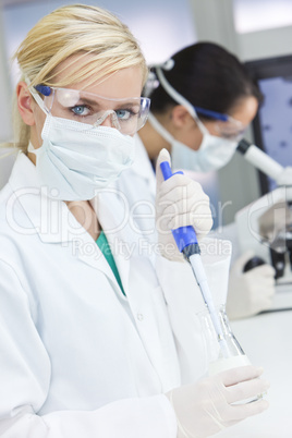 Female Scientist Doctors, Pipette & Microscope in a Laboratory