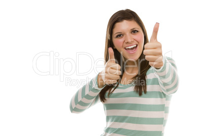 Excited Ethnic Female with Thumbs Up on White