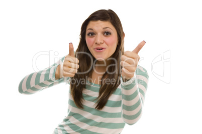 Excited Ethnic Female with Thumbs Up on White