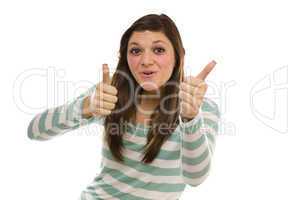 Excited Ethnic Female with Thumbs Up on White