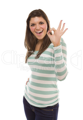 Smiling Ethnic Female with Okay Hand Sign on White