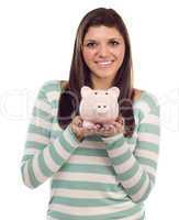 Ethnic Female Holding Piggy Bank on White