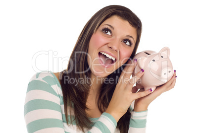 Ethnic Female Daydreaming and Holding Pink Piggy Bank