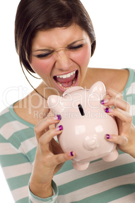 Ethnic Female Yelling At Piggy Bank on White