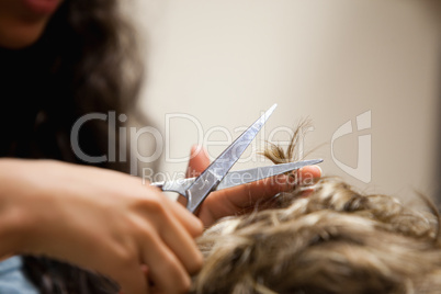 Close up of feminine hands cutting hair