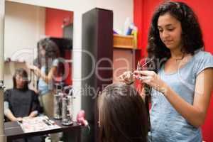 Female hairdresser cutting hair