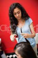 Portrait of a young female hairdresser cutting hair
