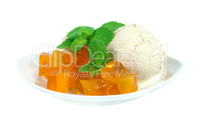 Ice cream and jelly, decorated with mint leaves.