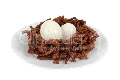 Meat sticks decorated in the form of bird nest