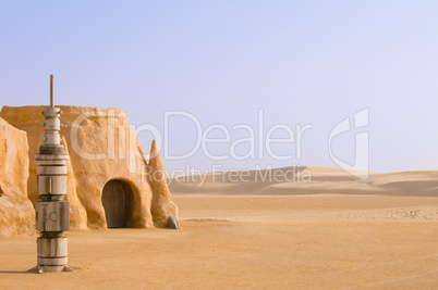 Tataouine scenery on a background of sand dunes.