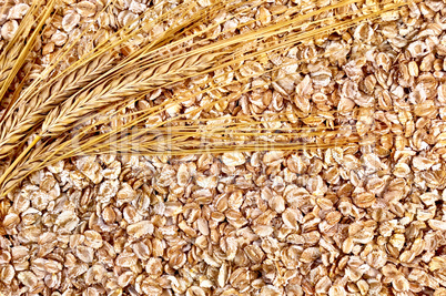 The texture of rye flakes with stalks of rye