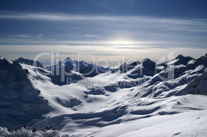Caucasus Mountains. View from Elbrus in evening.