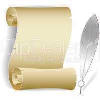 Old paper roll with feather