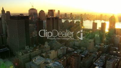 Aerial of New Jersey and Downtown Manhattan Skyline at Sunset, NY, USA