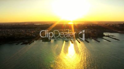 Aerial view of the Skyline of New Jersey and Harbors along the Hudson River at Sunset,  North America, USA