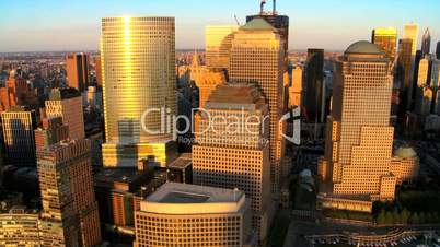 Aerial view of the Financial District of Manhattan at Sunset, NY, USA