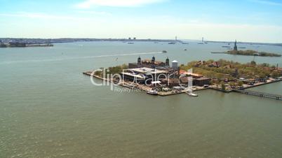 Aerial view of Ellis Island and the Statue of Liberty New York Harbor, USA
