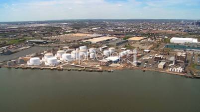 Helicopter Aerial view of Oil and Gas Storage tanks, New Jersey, NY, USA