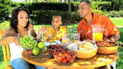 Young Ethnic Family Healthy Lunch in the Garden