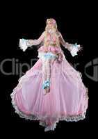 Young woman in fary-tale doll cosplay costume fly
