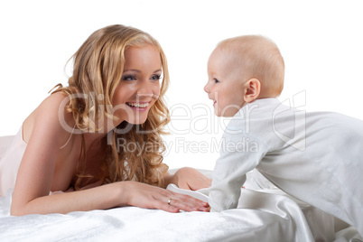 Beauty blond mother look on son isolated