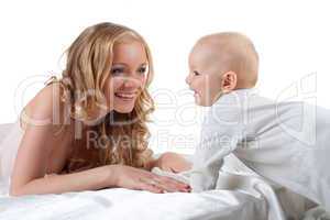 Beauty blond mother look on son isolated