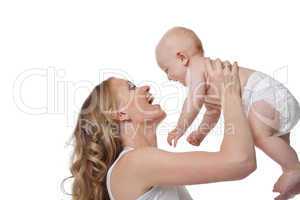 Beauty blond mother smile and take baby