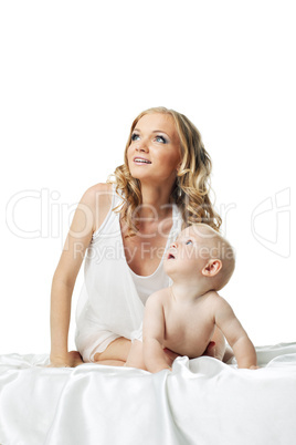 Cute mom with baby look at light
