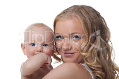 Beauty blond mother with baby look on camera